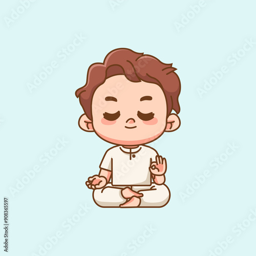 Cute man meditation yoga kawaii chibi character mascot illustration outline style design