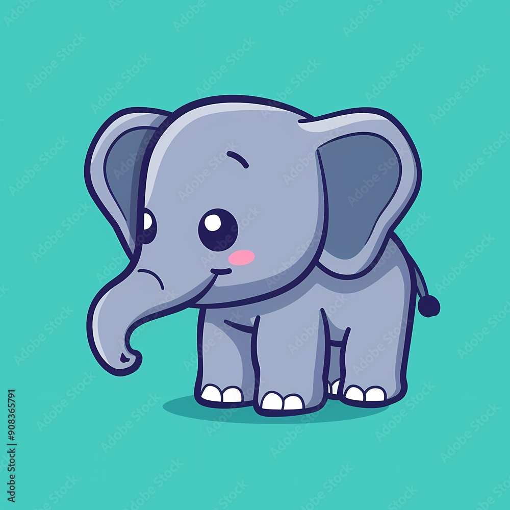 Fototapeta premium Cute cartoon elephant with big ears on a vibrant turquoise background.