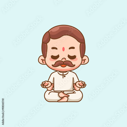 Cute india man meditation yoga kawaii chibi character mascot illustration outline style design