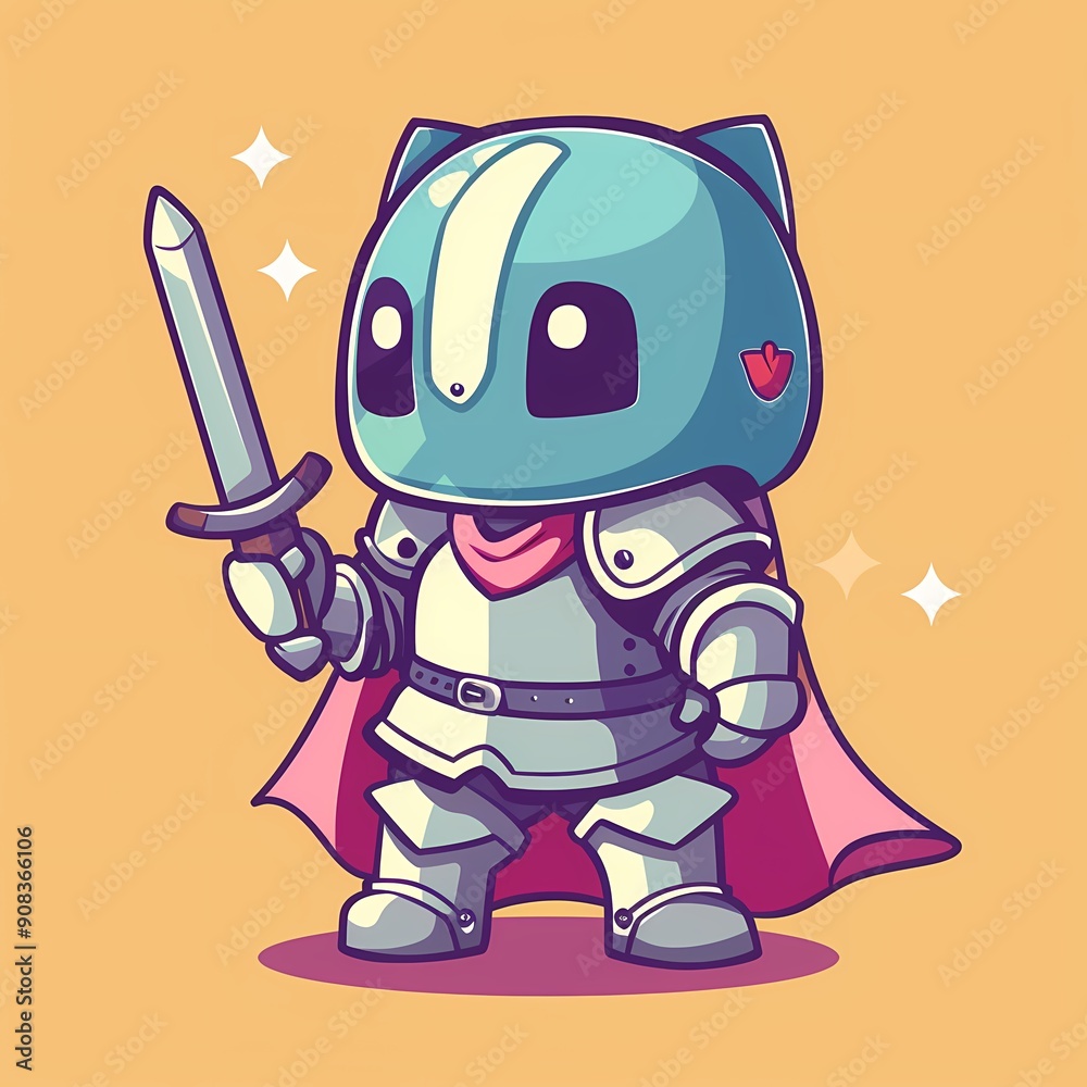 Fototapeta premium Cute cat knight character with a sword and shield in vibrant colors.