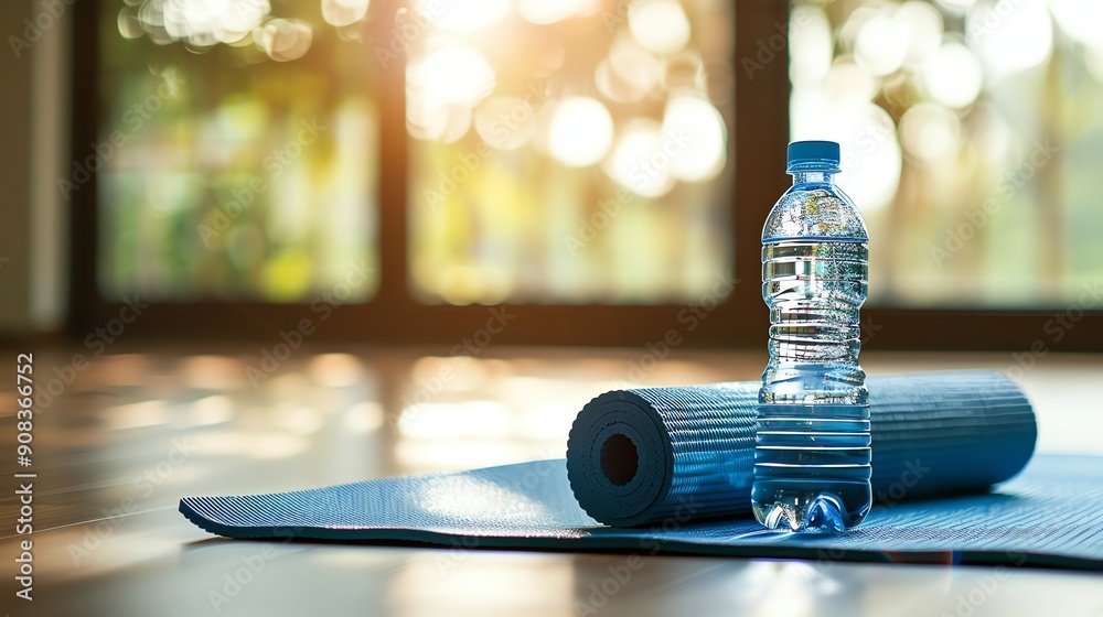 A blue yoga mat and a bottle of water by a window. A blue yoga mat and a bottle of water by a window.