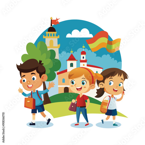 Cartoon Childreans Going Back To School