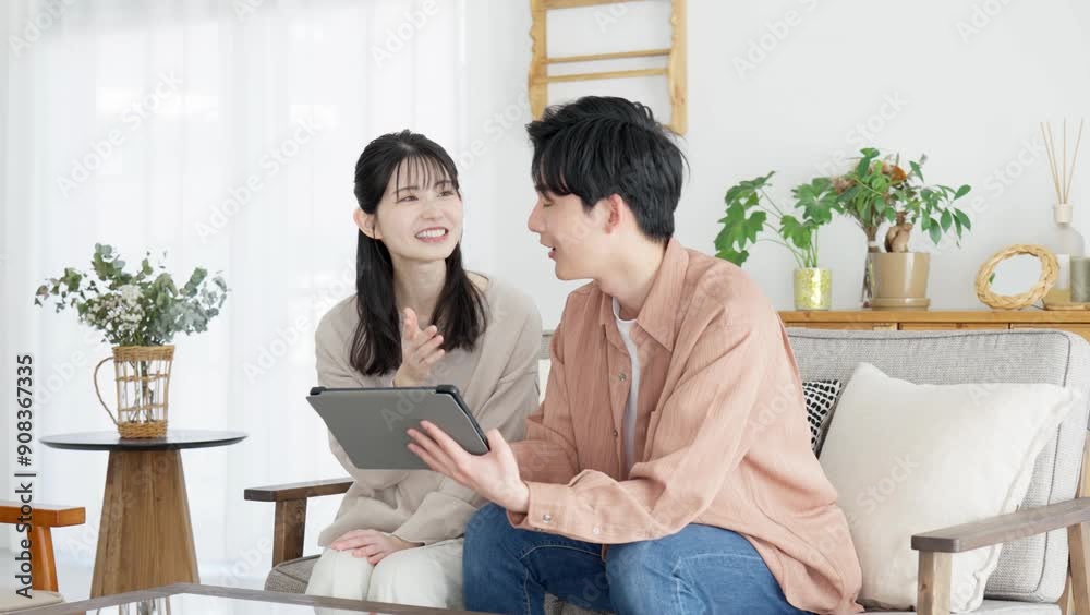 不動産サイトや旅行サイトを見るカップル 不動産サイトや旅行サイトを見るカップル