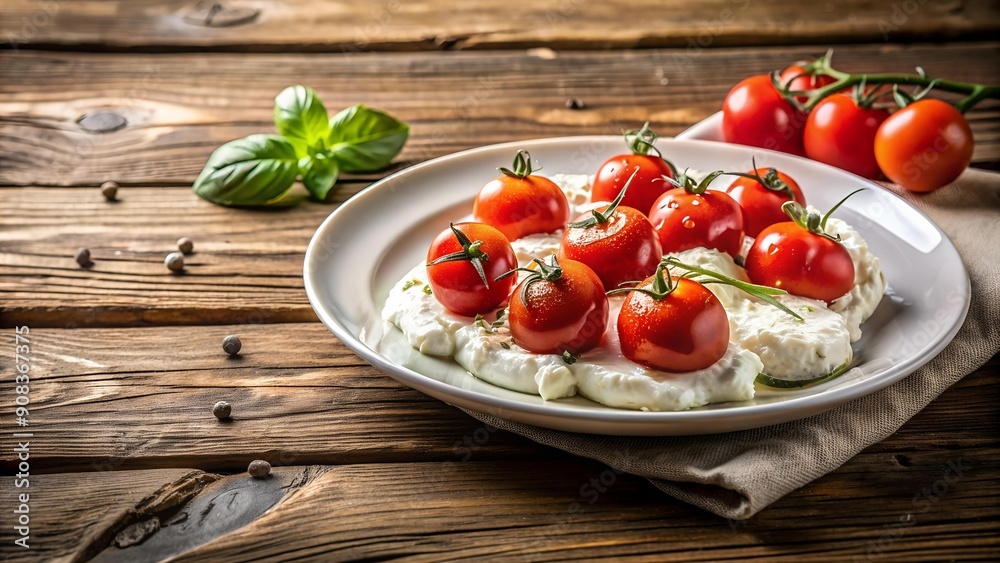 A Splash of Red: Stracciatella and Tomatoes on a Rustic Table Generative AI A Splash of Red: Stracciatella and Tomatoes on a Rustic Table Generative AI