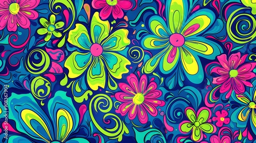 Wallpaper Mural Psychedelic Swirly Blossoms, A vibrant retro wallpaper design featuring swirling floral patterns in bold Torontodigital.ca