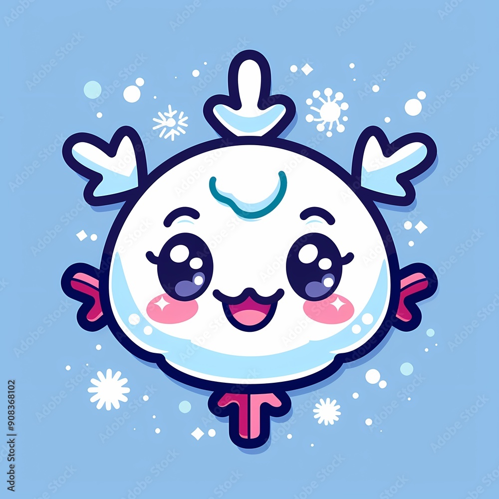 Fototapeta premium Cute white snowflake character with a joyful expression and colorful accents.