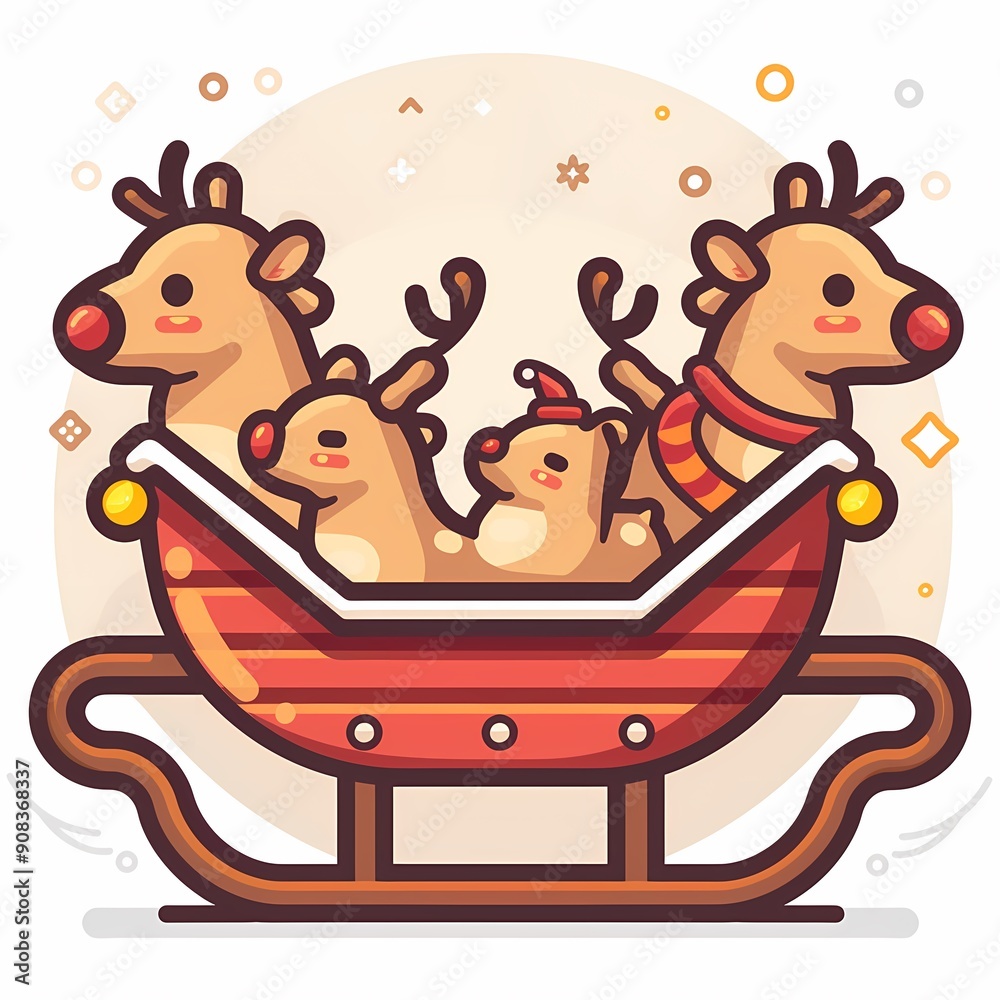 Obraz premium Cute cartoon reindeer family in a colorful sleigh for the holiday season.