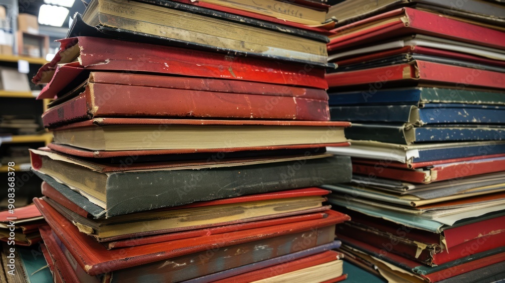 Stack of old hardcover books, science education school background.