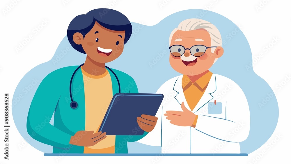 A young doctor and an elderly patient share a laugh as they explore healthcare options on a digital tablet. The collaborative nature of healthcare, where patients and providers work together for optim A young doctor and an elderly patient share a laugh as they explore healthcare options on a digital tablet. The collaborative nature of healthcare, where patients and providers work together for optim
