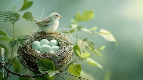 A mother bird turning her eggs in a nest.