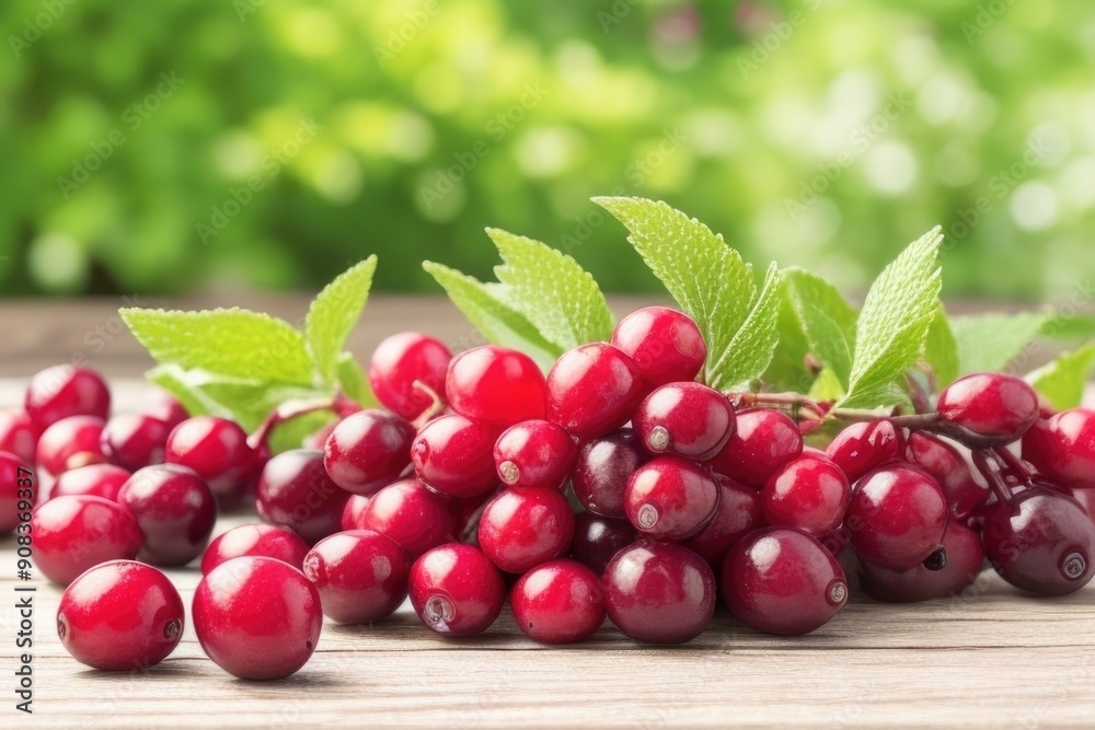 Cranberry on a wooden table over a blurry nature background Cranberry on a wooden table over a blurry nature background