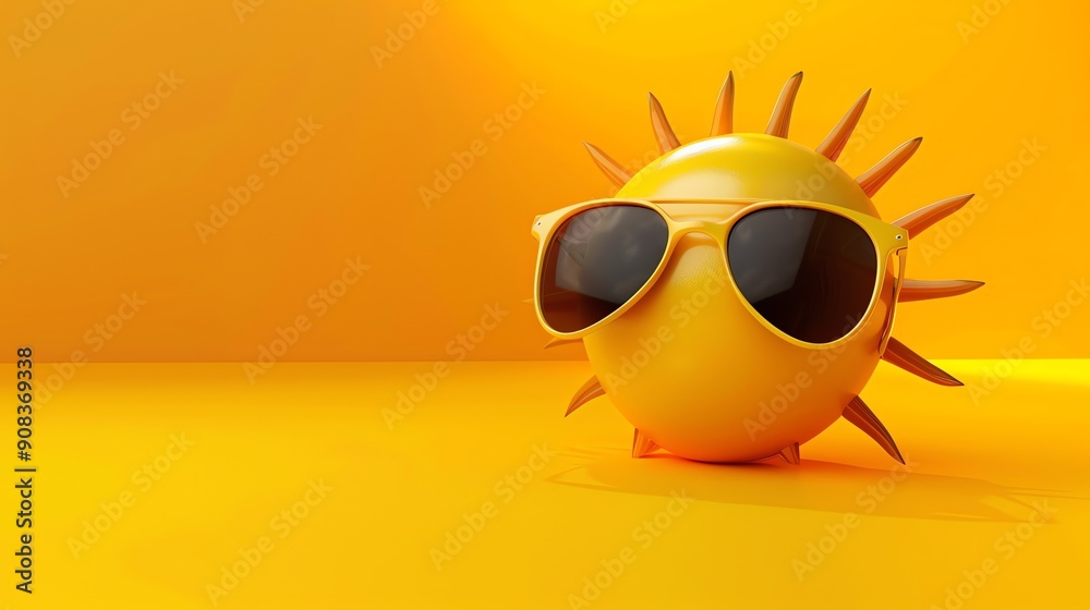 A cartoon sun wearing sunglasses on a yellow background. A cartoon sun wearing sunglasses on a yellow background.