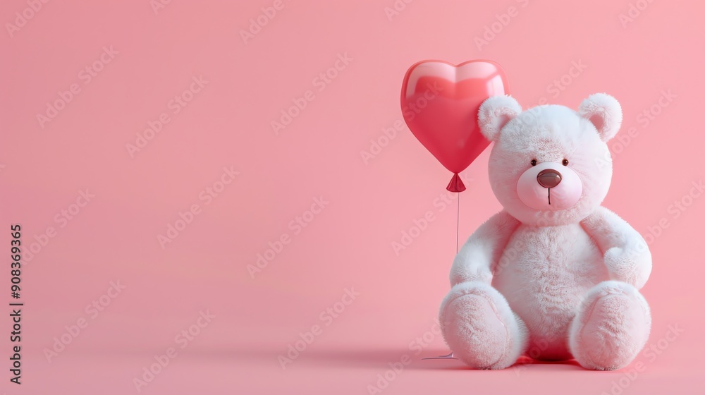 A plush white teddy bear sits next to a pink heart balloon on a pink background. A plush white teddy bear sits next to a pink heart balloon on a pink background.