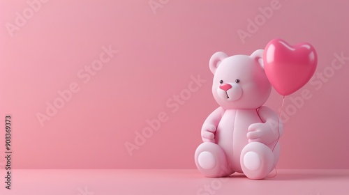 A pink teddy bear holding a pink heart balloon on a pink background.