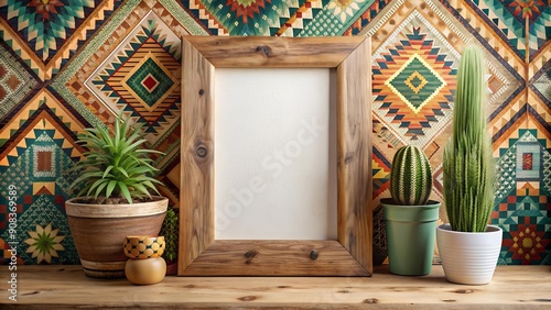 Boho Chic: Wooden Frame with a Geometric Print in a Stylish Setting  AI generated photo