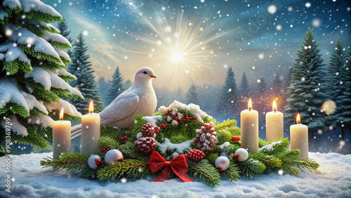 Snowflakes gently fall on a serene winter wonderland scene with a majestic dove perched on a festive holiday wreath adorned with candles and evergreen branches. photo