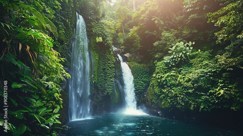 A lush tropical waterfall in a jungle setting. © Galib