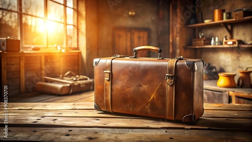 Wallpaper Mural Whispers of Journeys Past: A Vintage Leather Suitcase on a Rustic Wooden Table in a Sun-Drenched Workshop  AI generated Torontodigital.ca