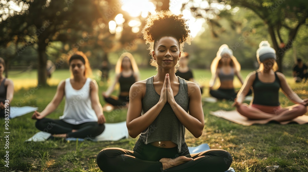 A group of women meditating in a park. A group of women meditating in a park.