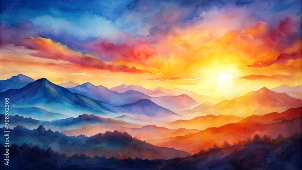 Obraz premium Abstract Watercolor Bleed of a Sunset Over a Mountain Range AI generated