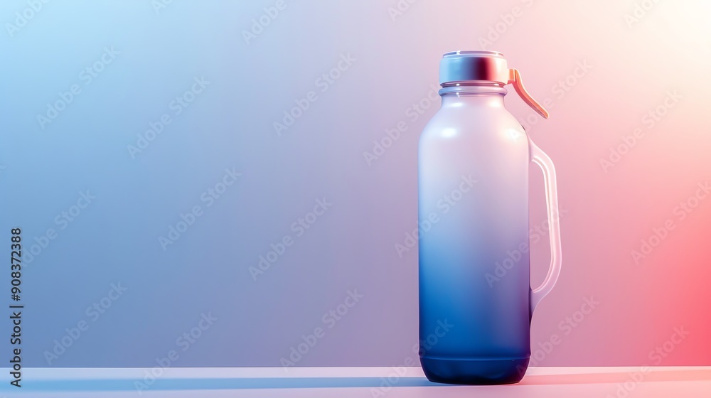 A blue water bottle with a white lid and orange handle on a white surface in front of a blue and pink gradient background. A blue water bottle with a white lid and orange handle on a white surface in front of a blue and pink gradient background.