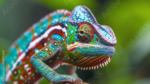 A colorful chameleon with its eye focused on something.