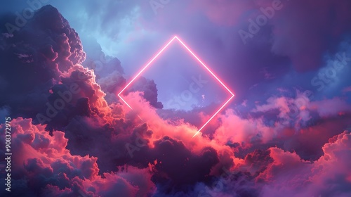 minimalist yet impactful 3D rendering showcasing a bright neon rhombus hovering against a backdrop of stormy clouds photo