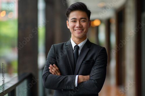 happy young and handsome asian business man in a suit