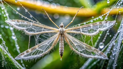 The Tiny World of Wonder: A Plume Moth in a Dew-Covered Web  Generative AI photo
