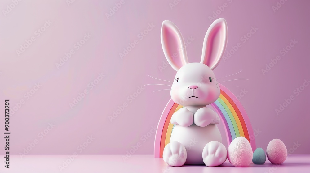 Fototapeta premium A white bunny sits in front of a rainbow, with Easter eggs nearby.
