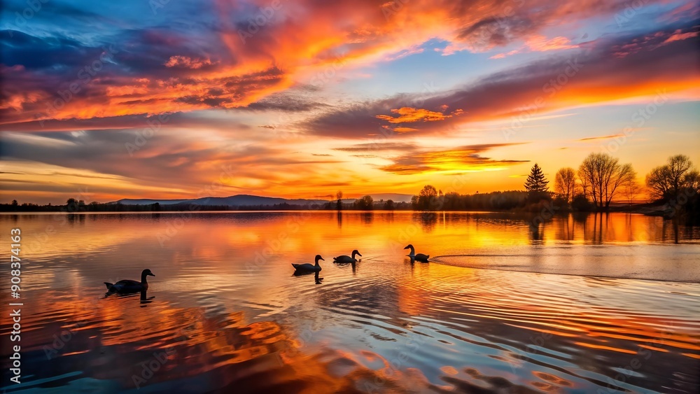 Serene Sunset Symphony: A Canvas of Ducks and Golden Hues AI generated Serene Sunset Symphony: A Canvas of Ducks and Golden Hues AI generated
