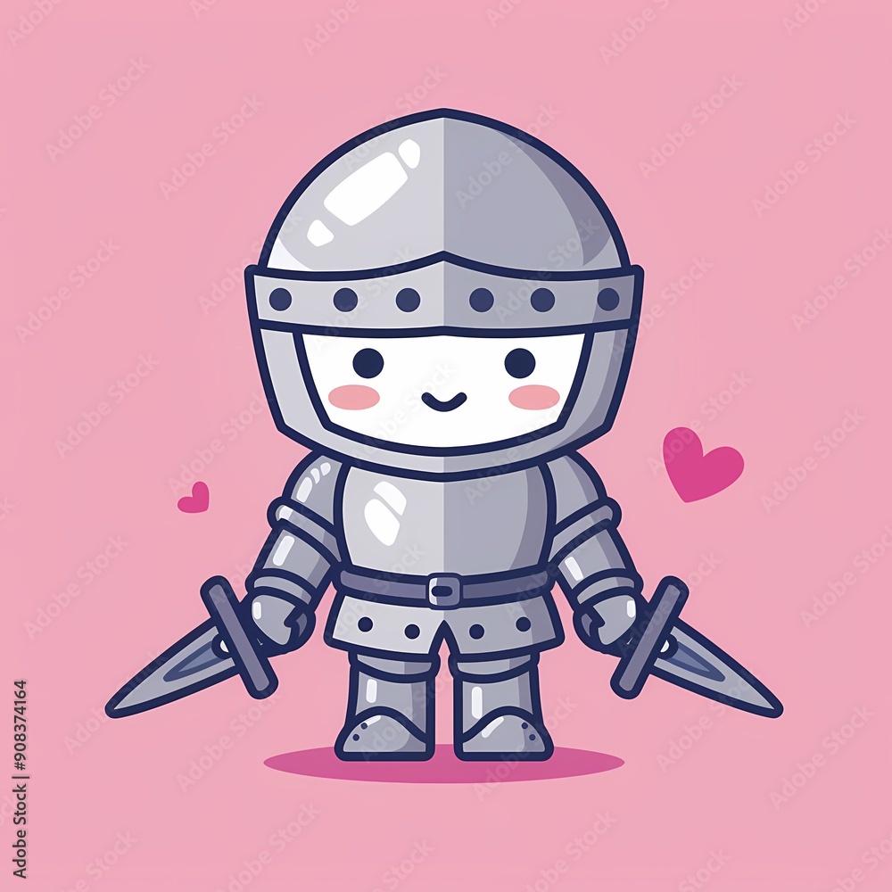 Cute cartoon knight wielding two swords, set against a pink background. Cute cartoon knight wielding two swords, set against a pink background.