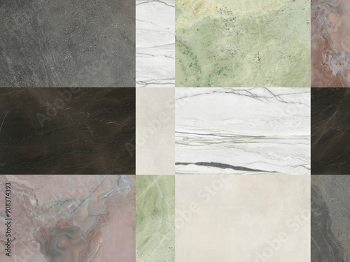 Creative patchwork pattern stone ceramic wallpaper design. White marble