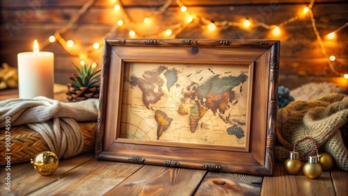 Bohemian Chic: Wooden Frame with a Vintage Map in a Cozy Setting  AI Generated photo