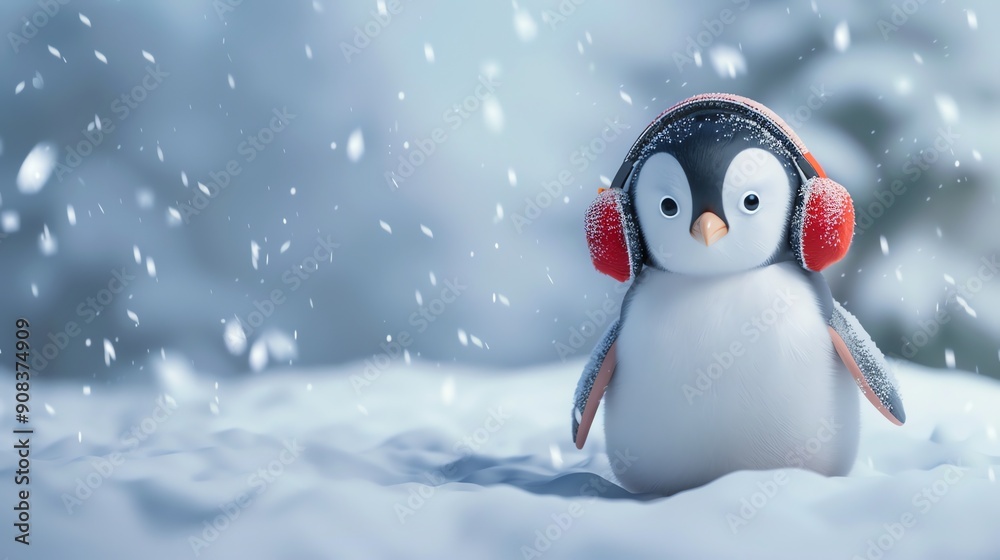 A cartoon penguin wearing headphones and earmuffs stands in the snow. A cartoon penguin wearing headphones and earmuffs stands in the snow.