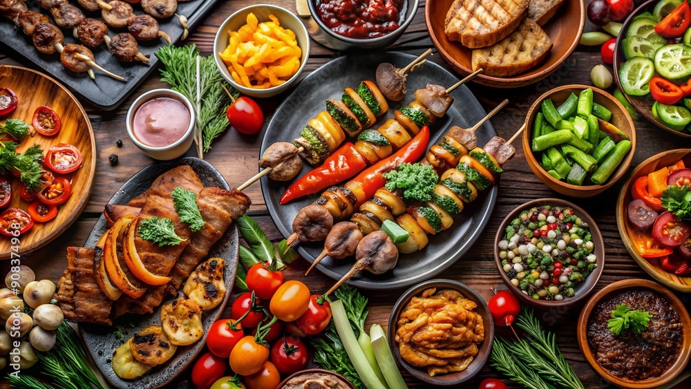 Fototapeta premium A Symphony of Flavors: A Vibrant Buffet Spread with Grilled Delights AI Generated