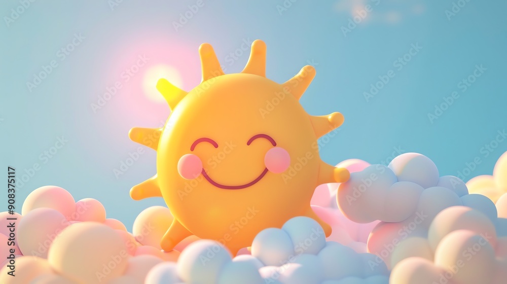 A cartoon sun with a happy face is smiling in a blue sky with clouds.