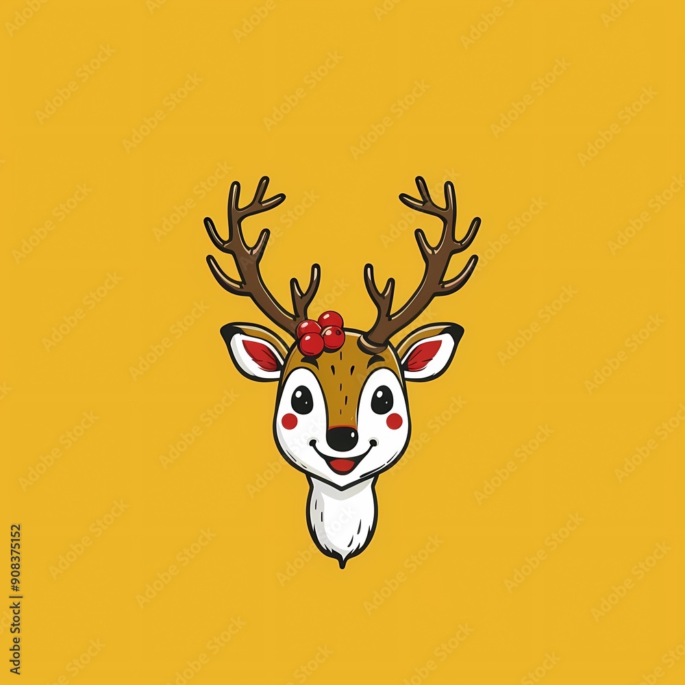 Cute cartoon reindeer with antlers and a bow on a bright yellow background.