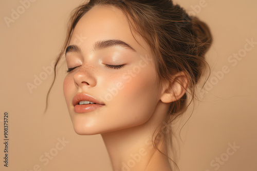 A close up of a girl's face with her eyes closed