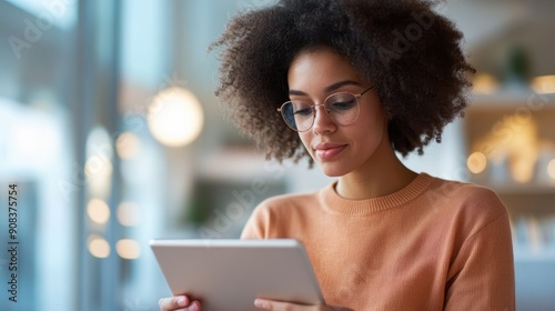 Young College Student Taking Digital Notes on Tablet Device in Profile View photo