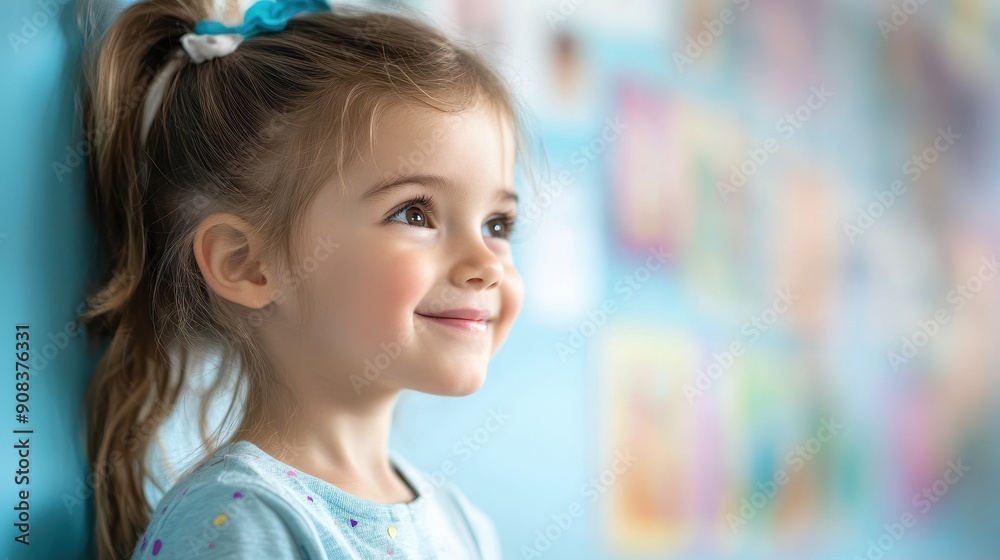 Fototapeta premium Enthusiastic Kindergarten Student Exploring Interactive Learning Walls