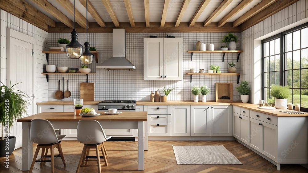 Farmhouse Kitchen with a Modern Edge: A Mockup Poster Frame with a Black and White Photo generative AI Farmhouse Kitchen with a Modern Edge: A Mockup Poster Frame with a Black and White Photo generative AI