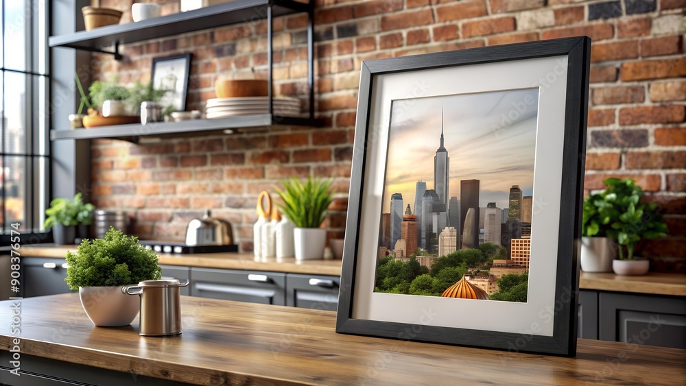 Industrial Chic: A Black Metal Frame with a Urban Landscape Photograph in a Loft-Style Kitchen generative AI Industrial Chic: A Black Metal Frame with a Urban Landscape Photograph in a Loft-Style Kitchen generative AI