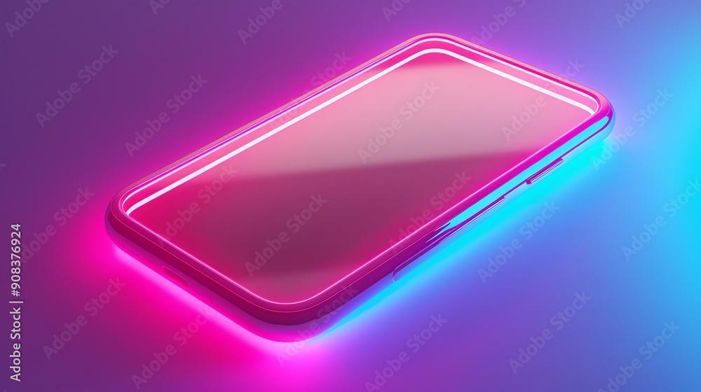 3D rendering of a glowing smartphone on a pink and blue background. 3D rendering of a glowing smartphone on a pink and blue background.