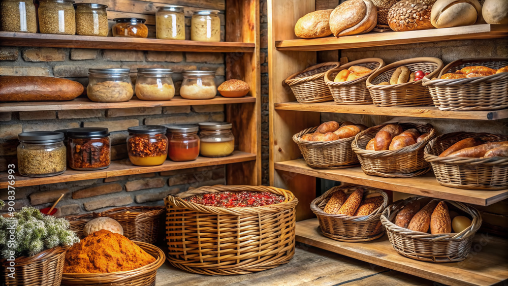 Freshly baked bread loaves are stacked on wooden shelves inside a ...