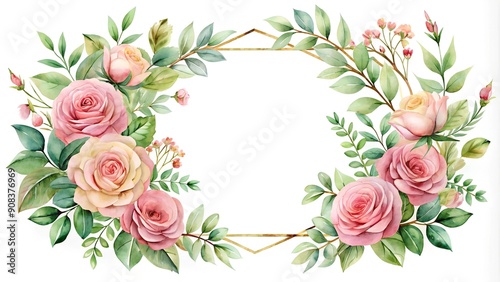 Watercolor Floral Frame with Delicate Roses and Greenery  Generative AI