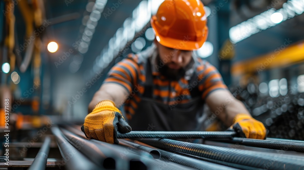 Close-up of an industrial worker handling metal rods in a factory, focusing on manufacturing processes, safety, and manual labor. Close-up of an industrial worker handling metal rods in a factory, focusing on manufacturing processes, safety, and manual labor.