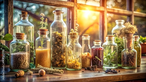 Sun-Drenched Herbs in Vintage Bottles  generative AI photo