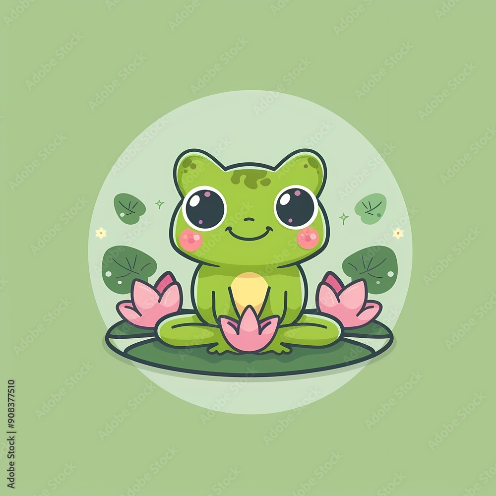 Cute cartoon frog meditating on a lily pad surrounded by pink flowers.