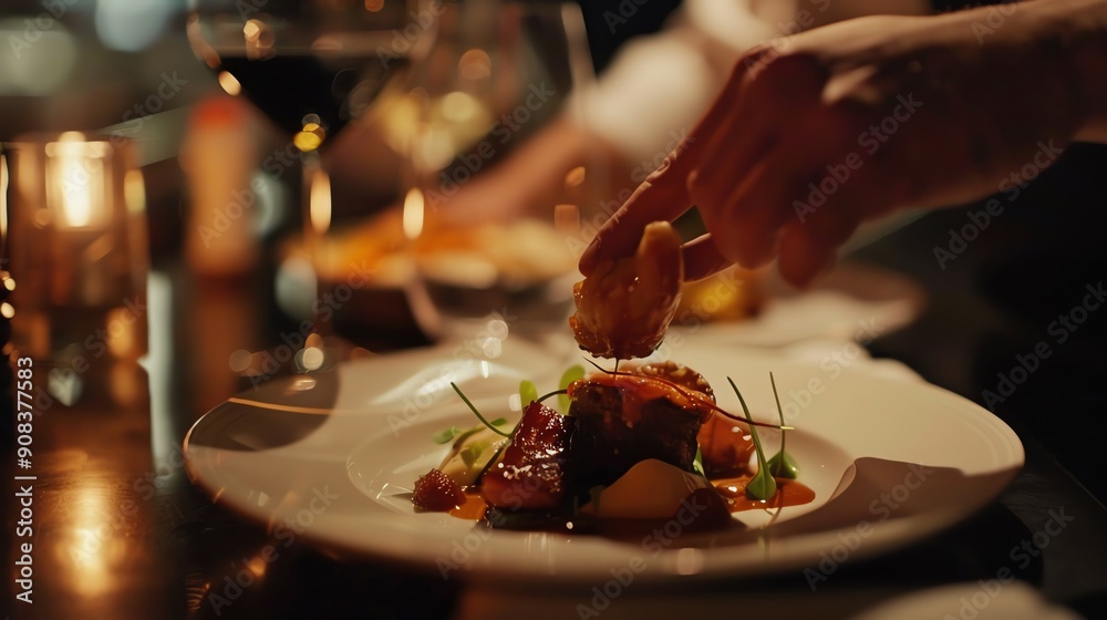 A hand placing a garnish on a plate of food. A hand placing a garnish on a plate of food.
